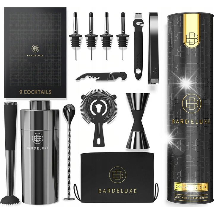 Комплект бармански шейкър BarDeluxe 12 елемента, инокс, 750 мл, елегантна кутия