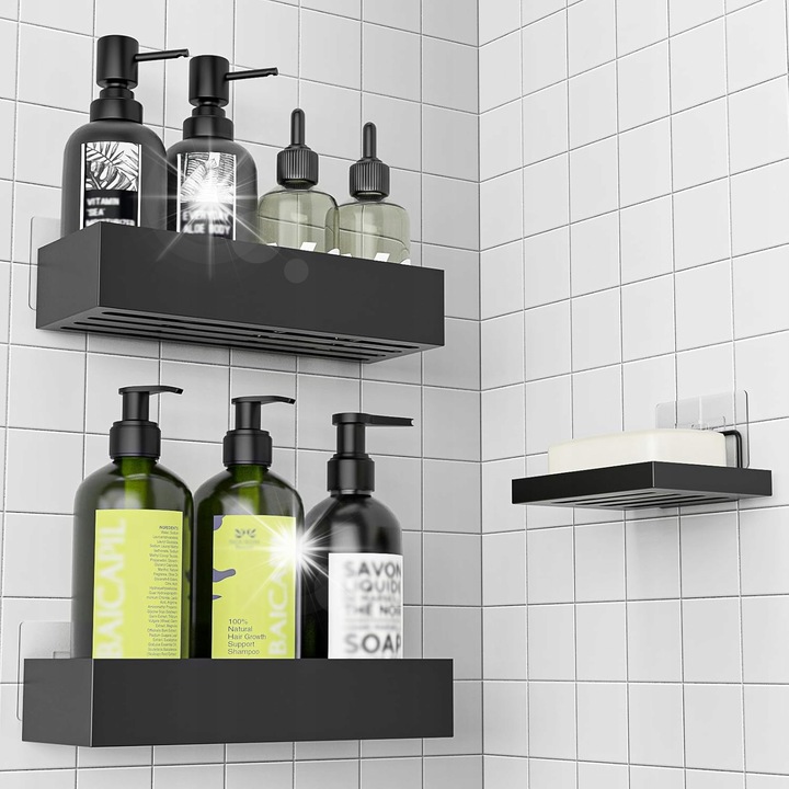 Set de 3 suporturi pentru baie, negru, dimensiuni 10x26x5cm, montaj pe perete