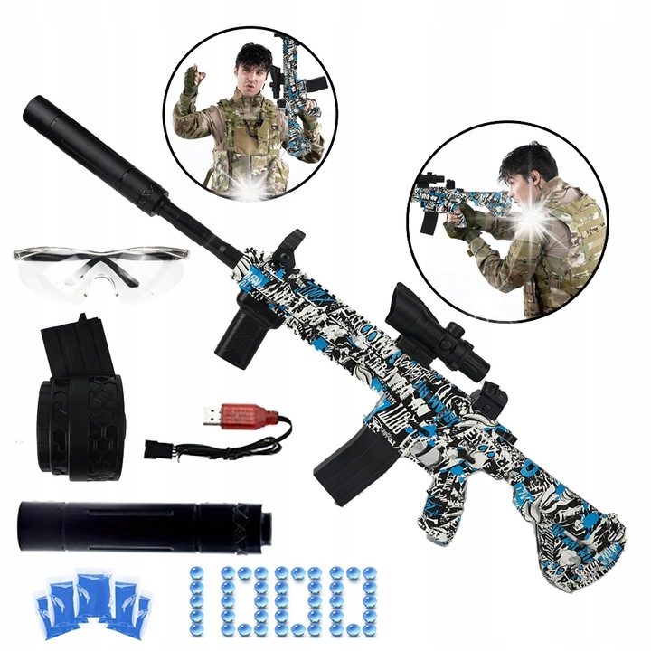 Pistol electric de jucarie, Bedee, bile cu gel, 86cm, albastru, cu acumulator 500mAh, accesorii si ochelari de protectie