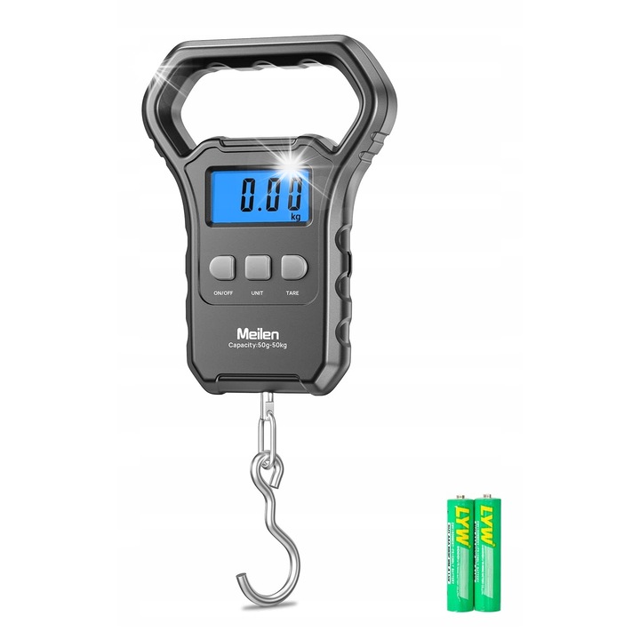 Cantar digital de bagaj, 0,1-50kg, display LCD iluminat, carlig din inox