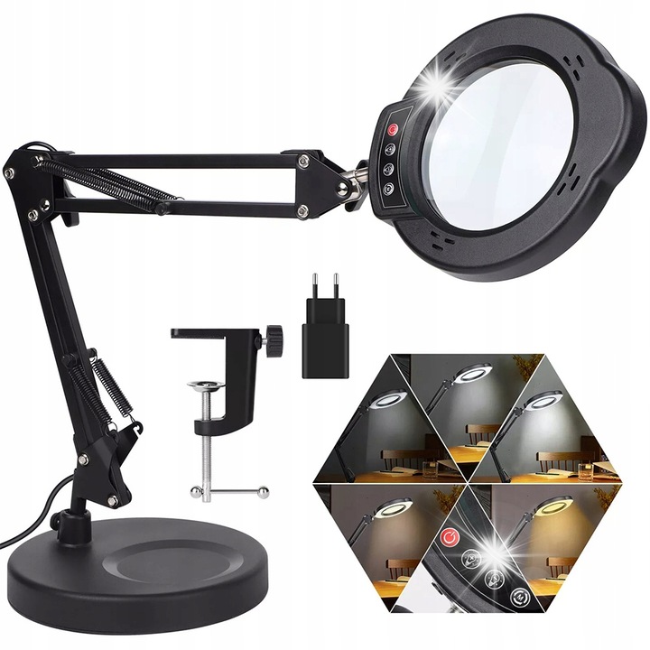 Lupa birou, Bedee, 10x, cu iluminare, 5 culori, ajustare luminozitate, neagra