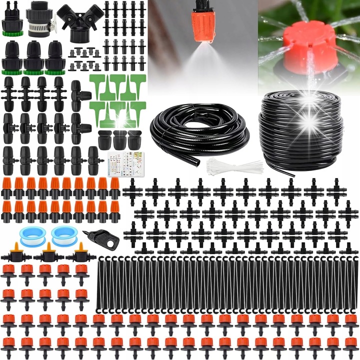 Set sistem de irigare prin picurare, 344 elemente, 50m + 20m, material rezistent la UV, pentru gradini si sere
