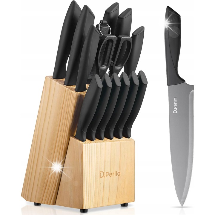 Set de 15 cutite din otel inoxidabil cu bloc din lemn, cutit de bucatar 20cm, cutit de paine 20cm, cutit Santoku 18cm, cutit de curatat 8,9cm