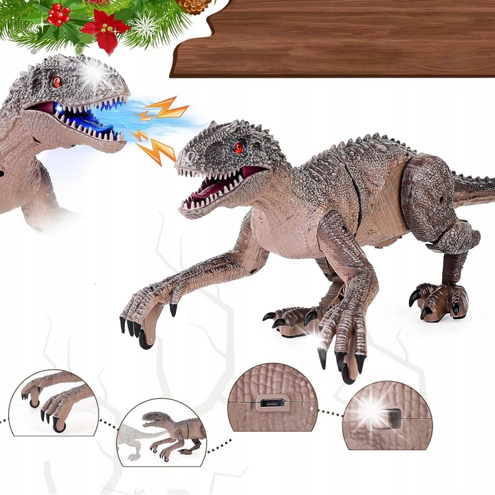 Робот играчка Bedee, интерактивен динозавър, с LED, дистанционно управление, комплект с пилот