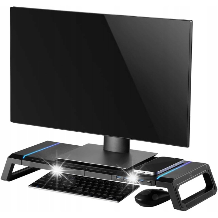 Suport monitor cu iluminare RGB, 4 porturi USB, organizator, dimensiuni reglabile, 80mm, capacitate 20kg