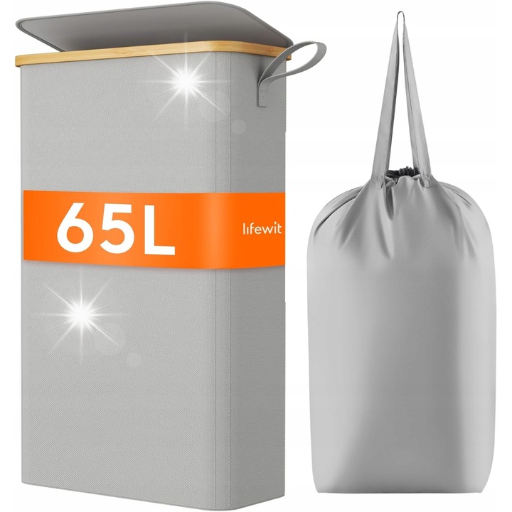 Cos de rufe in picioare, 65L, cu capac, dimensiuni 41x22x72cm, material Oxford, rama din bambus