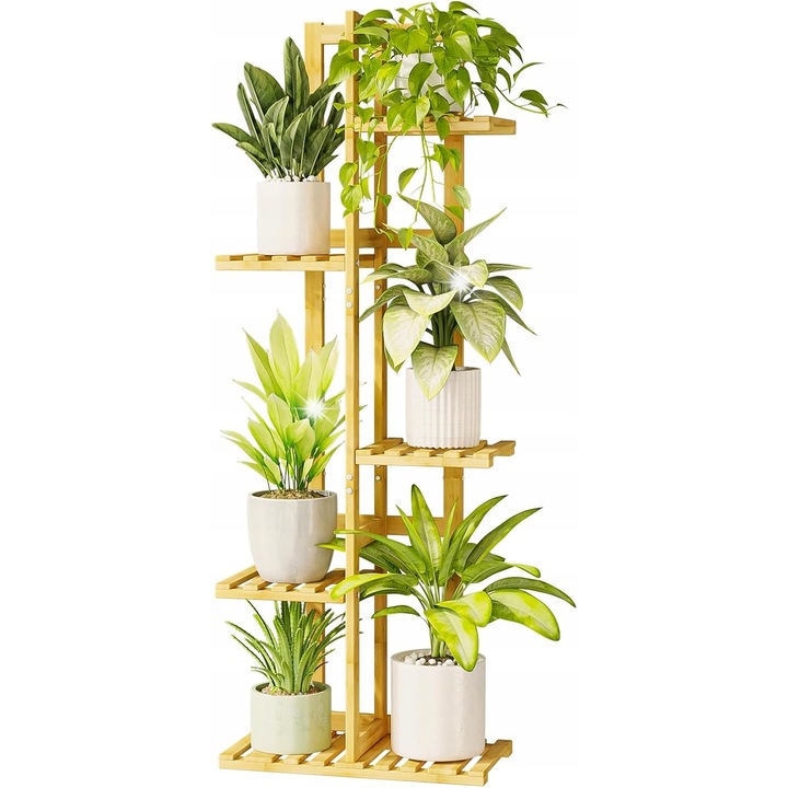 Stojak pentru plante din bambus, 5 niveluri, natural, pentru interior si exterior, design compact