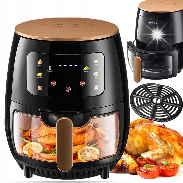 Bedee légfritőz, 2400W, 6L, fekete és barna, hőmérséklet-szabályozás 60-200°C, érintőképernyő