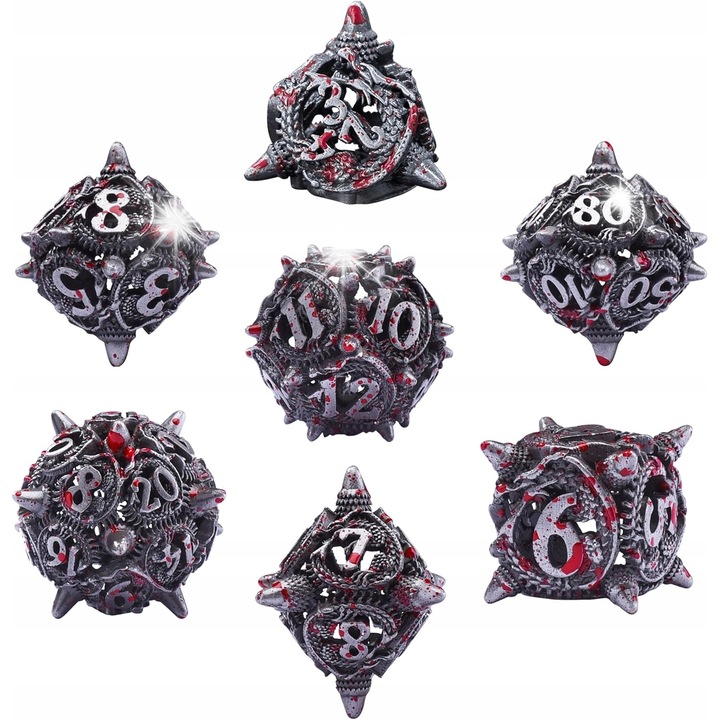 Set de 7 zaruri metalice pentru jocuri RPG, design dragon, cu cutie metalica, cupru