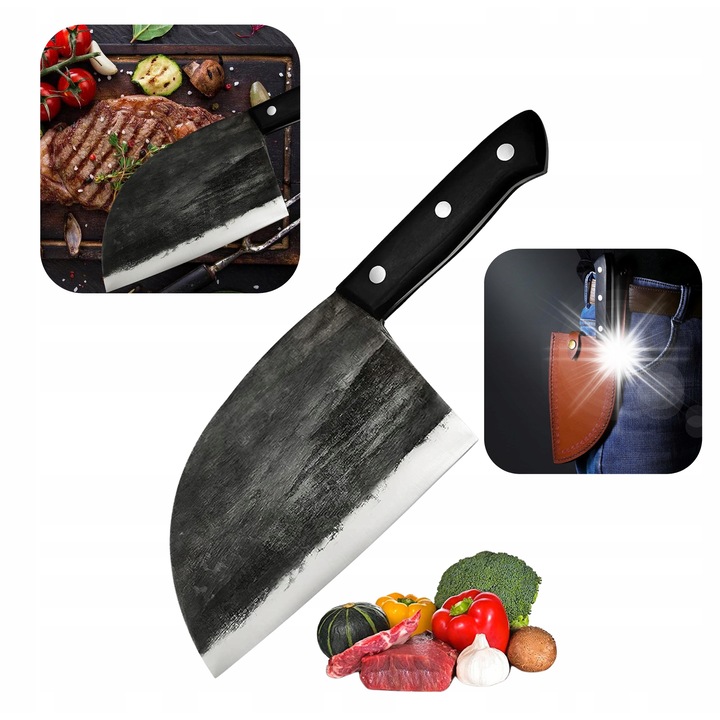 Set cutite de bucatarie XYJ, 7,5 inch, otel carbon, cu teaca din piele