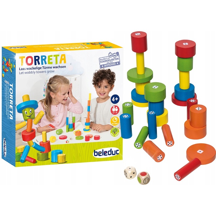Oktatójáték, Beleduc Torreta, 25 színes fa építőkocka, 2 kocka, 4+ év