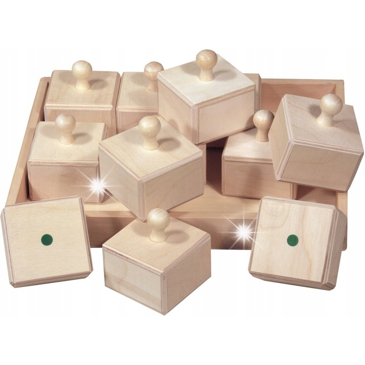 Set de cutii de zgomot, Beleduc, 12 cutii sonore din lemn, 32x24cm, pentru copii de la 3 ani