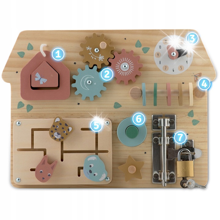 Tabla de Manipulare Senzoriala Bemi Toys, Montessori, diverse mecanisme, dimensiuni variate, multicolor