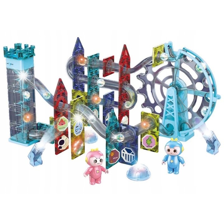 Set de constructie Bemi Toys, Swiecace Klocki Magnetyczne, Tor Kulkowy, 129 elemente, multicolor