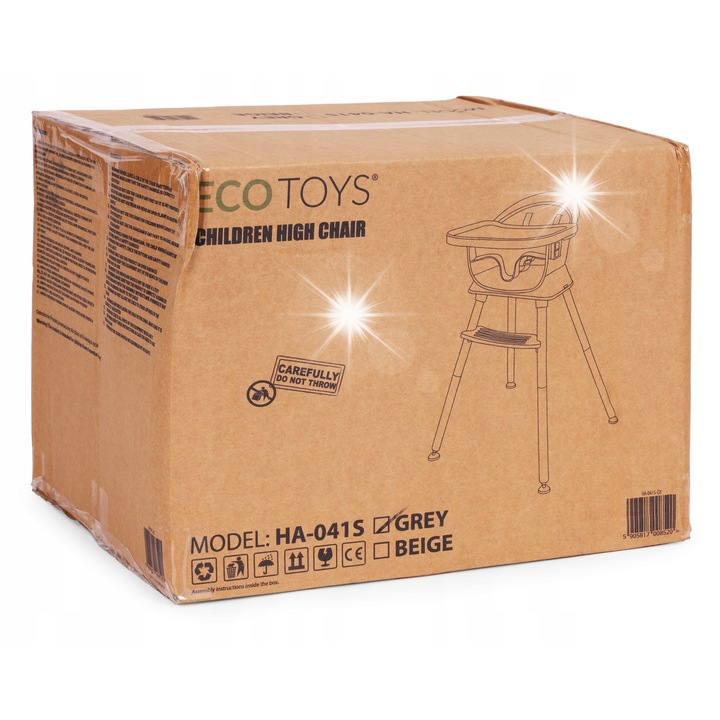 Scaun de masa pentru copii ECOTOYS 6 in 1, cu tava, curele, gri