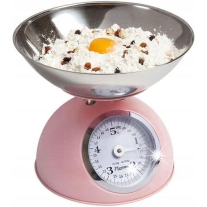 Cantar de bucatarie Bestron, retro, roz, 5kg, 24,7x24,7x21,2cm, set cu bol detasabil