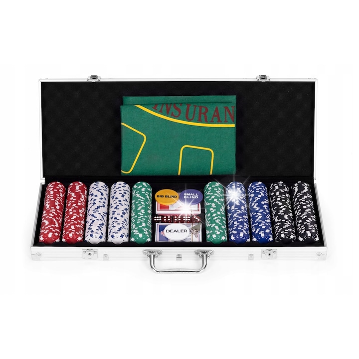 Set de poker si blackjack, 500 jetoane, 2 talie carti, 5 zaruri, masa 90x60cm, valiza metalica cu 2 chei