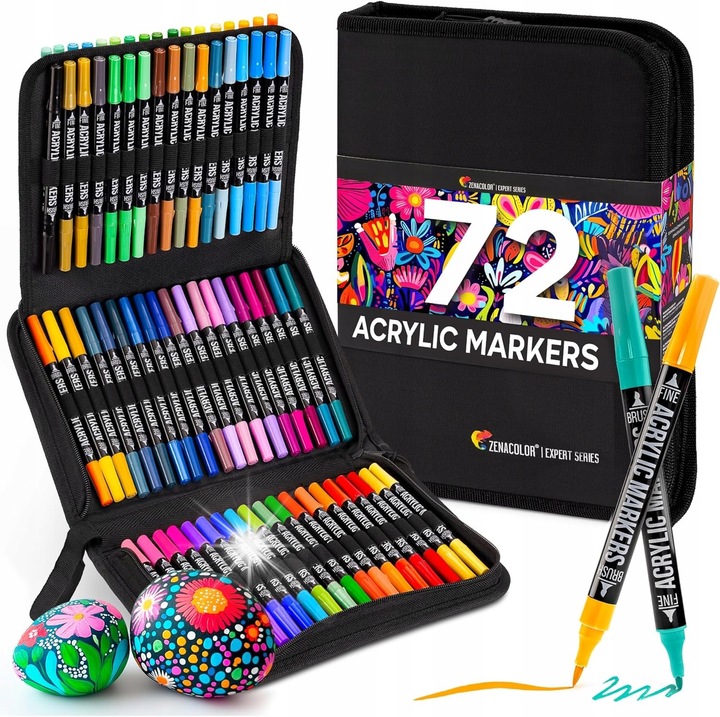 Set markere acrilice 72 bucati, varf dublu, culori vii, etui portabil