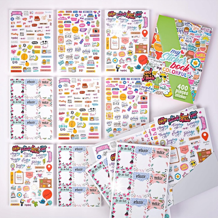 Set de stickere decorative, 400 stickere, design colorat, dimensiuni 22,8x15,5x0,2cm