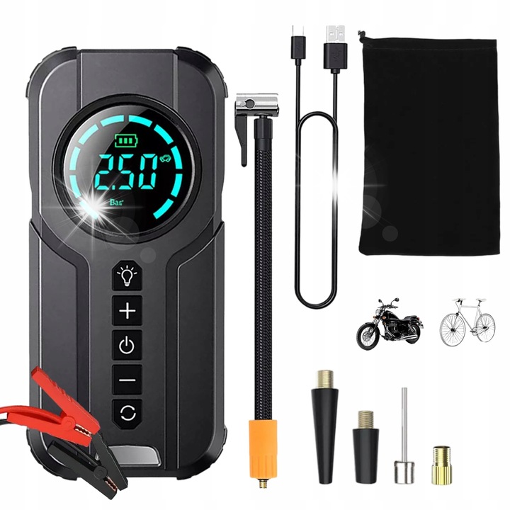 Autós légpumpa, 1000A, 8400mAh, LED, teljes készlet