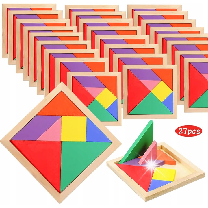 Tangram educativ din lemn, multicolor, 9,8x9,8x0,7cm, pentru copii de la 3 ani