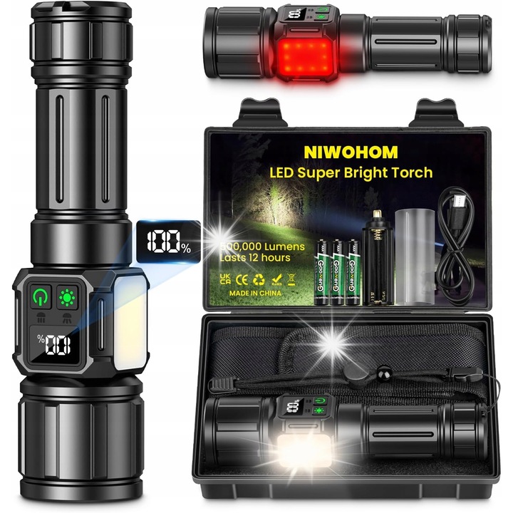 Lanterna LED camping, 500000 LM, 9 moduri, rezistenta la apa, neagra, acumulator 5000 mAh