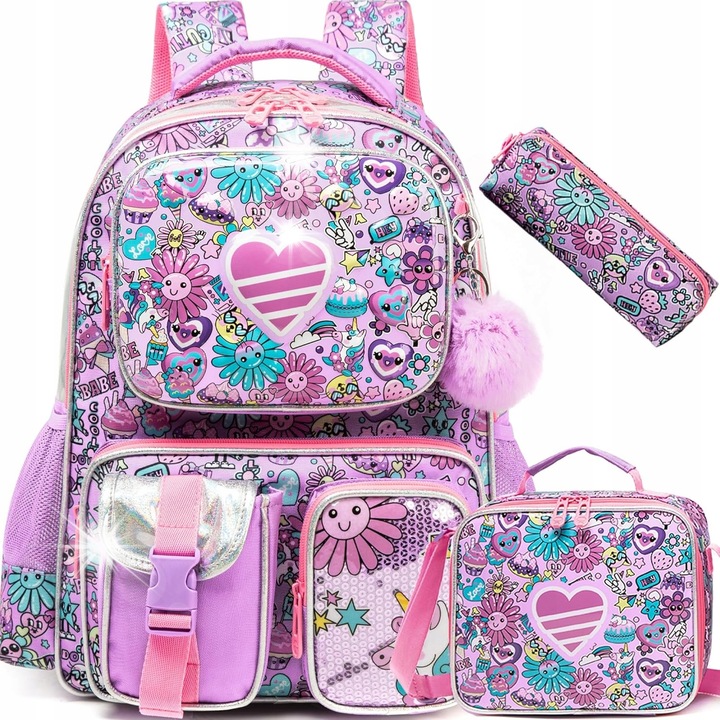 Teljes iskolai szett gyerekeknek, hátizsák, uzsonnás táska és tolltartó, többszínű, 43x30x20cm