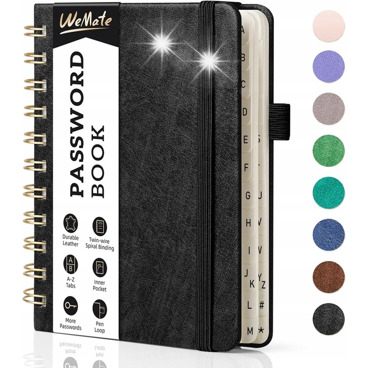 Caiet notite A6, maro, pentru parole, piele vegana, design clasic