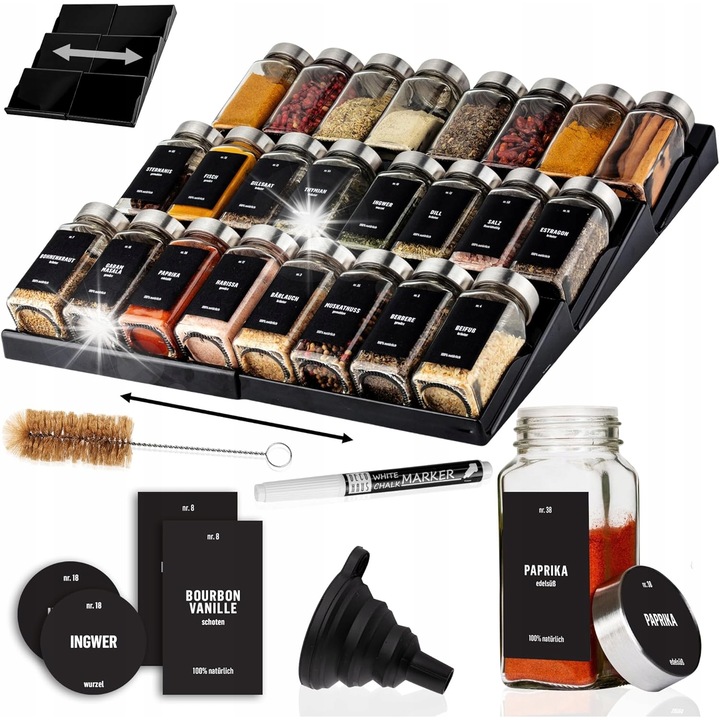 Organizer pentru condimente, set 2 organizatoare, 24 sticlute, 280 etichete, transparent, 19,5x42cm ext. 39cm