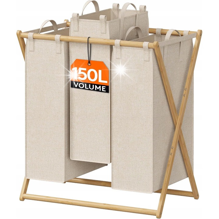 Cos de rufe, 150L, 3 compartimente cu saci detasabili, pliabil, pentru baie