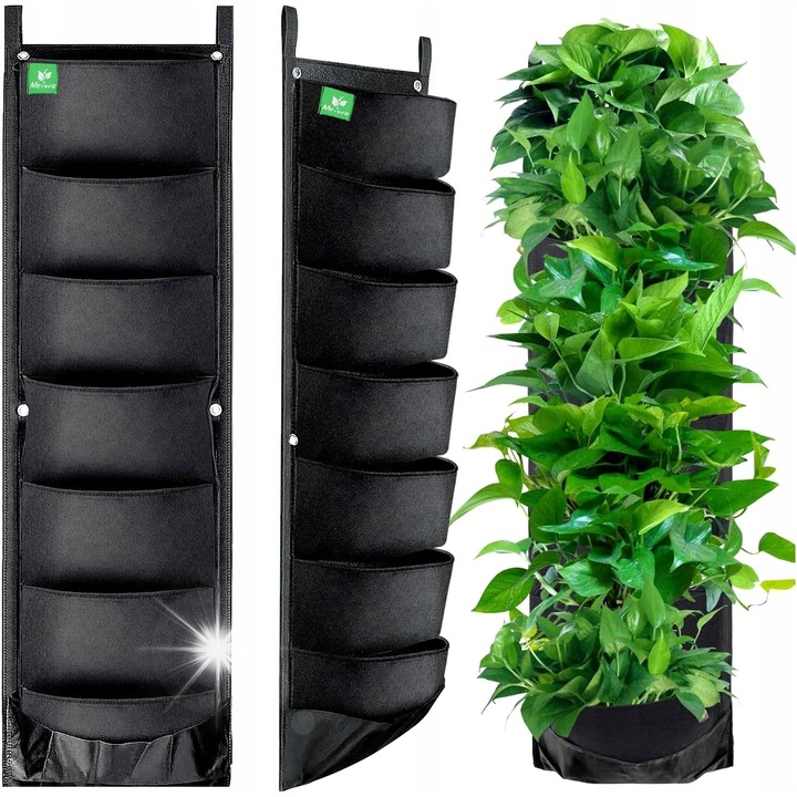 Ghiveci suspendat cu 6 buzunare, material textil, negru, 11x30x107cm