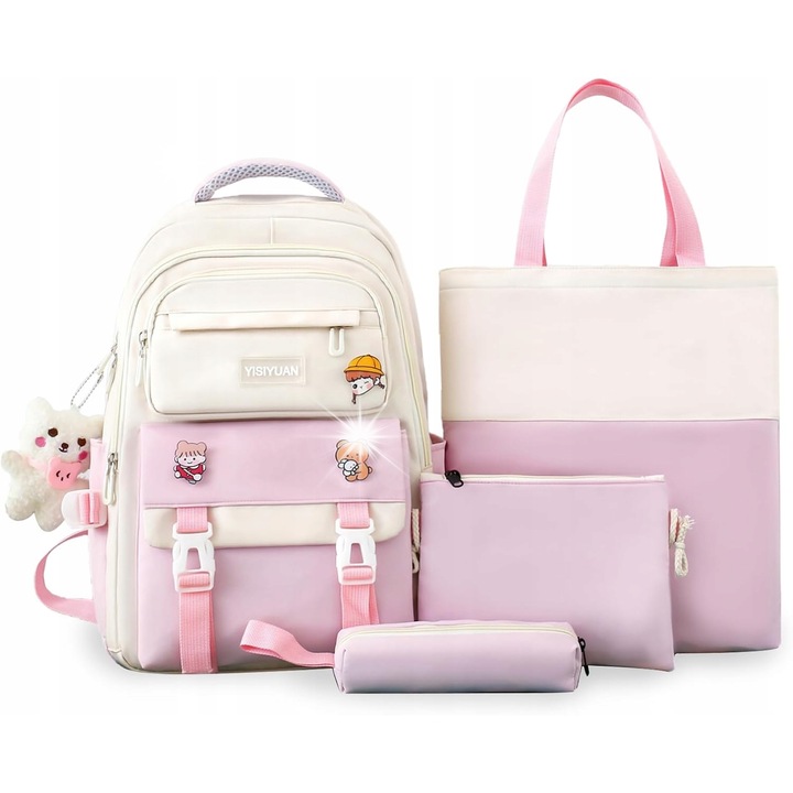 Set ghiozdan pentru scoala, 4 piese, design modern, 7 compartimente, multicolor, dimensiuni ghiozdan 31x14x44cm.