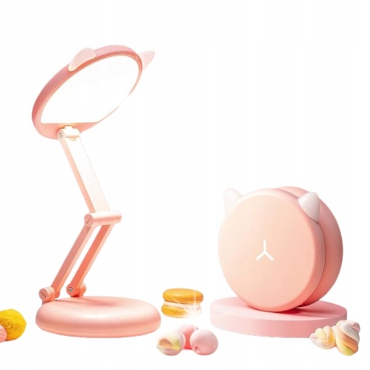 Lampa birou LED roz, prietenoasa cu ochii, 3600mAh, 16x7x16cm, portabila, 9 niveluri de intensitate, set compact