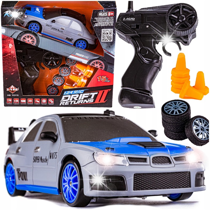 RC кола Subaru Impreza 1:24, 4x4, със светлини, комплект от 6 конуса, сива със сини акценти