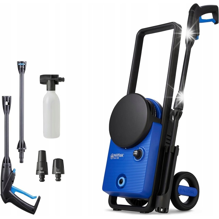 Mini aparat de spalat cu presiune, Nilfisk, 130 bar, set complet accesorii, 6m furtun, compact, pentru gradina si masina, negru/albastru
