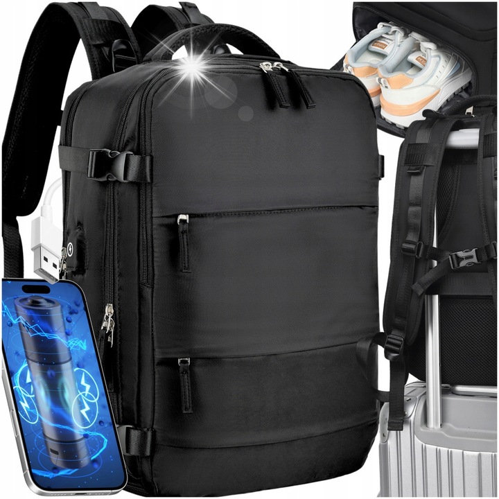 Utazótáska, ASATO, 40x25x20cm méretű, laptop rekesszel, fekete színű, USB kábellel