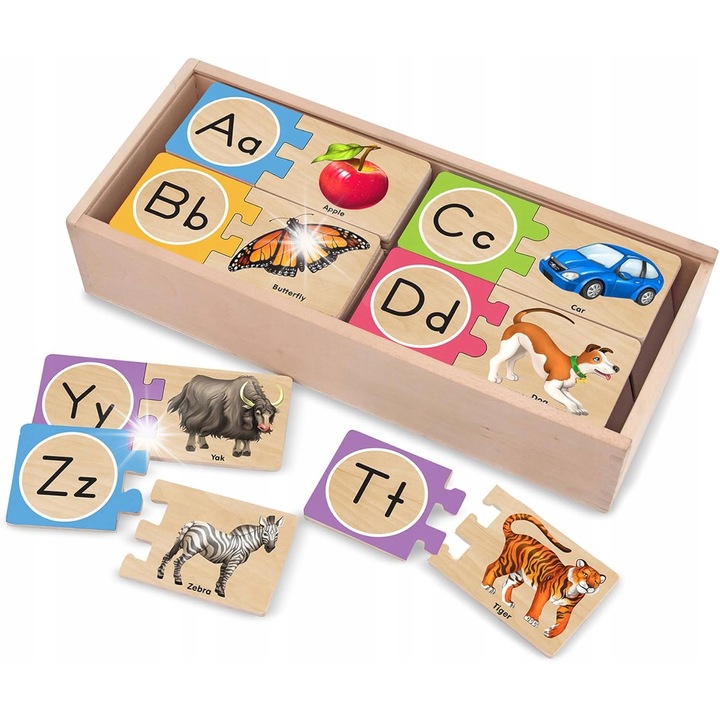 Puzzle educativ din lemn, 52 piese, litere mari si mici, cutie din lemn, pentru copii 4-6 ani