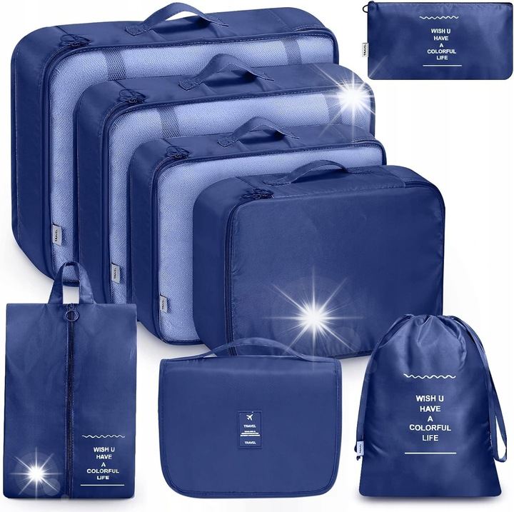 8 darabos poggyászrendező készlet, különböző méretek, vízálló, kék