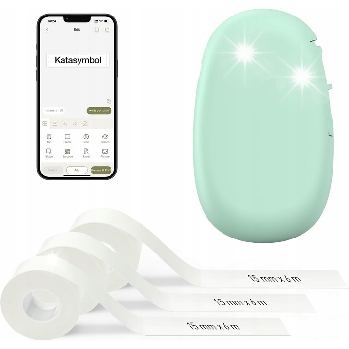 Преносим термопринтер SUPVAN E10, зелен, Bluetooth, комплект с 3 ролки етикети, размери 17,7x10,6x4,2 см