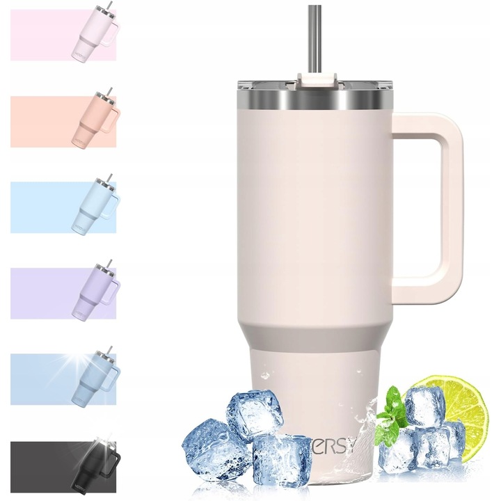 Cana termica 1182ml, capac cu deschidere pentru pai, design ergonomic, inox, bej