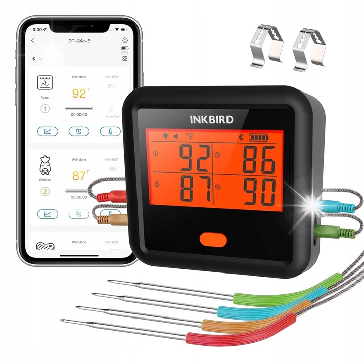 Дигитален термометър за грил с 4 сонди, Bluetooth, 150 часа автономност, -30 до 300°C, LCD осветление