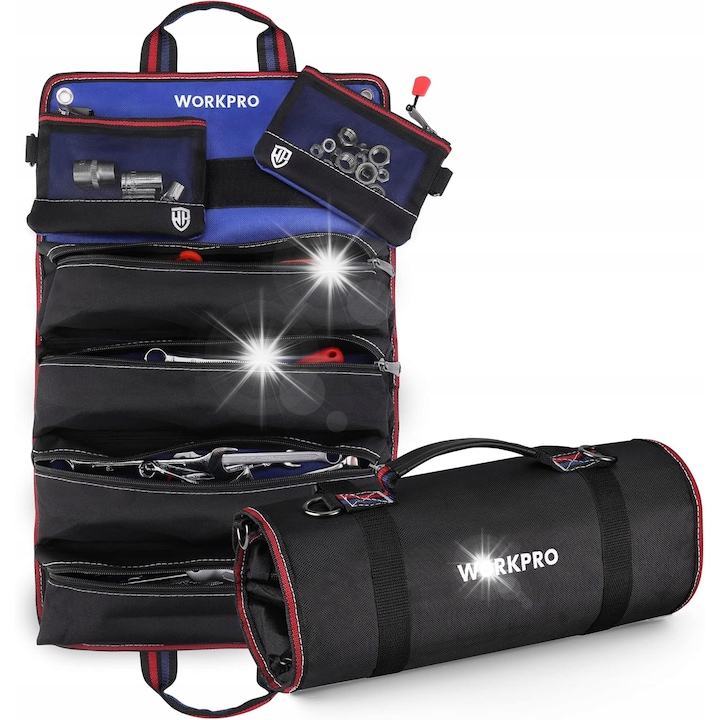 Többfunkciós szerszámtáska, 56x35cm, 6 cipzáras zseb, 4 nagy zseb, 2 kis tasak, 720D poliészter, szakadásálló, készlet