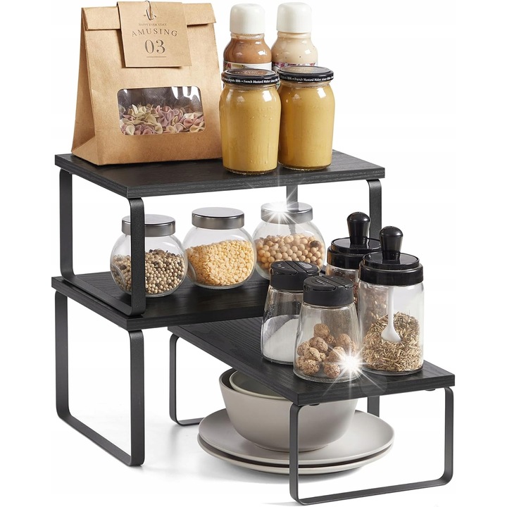 Suport pentru condimente, set 3 etaje, negru mat, 40x21x18cm