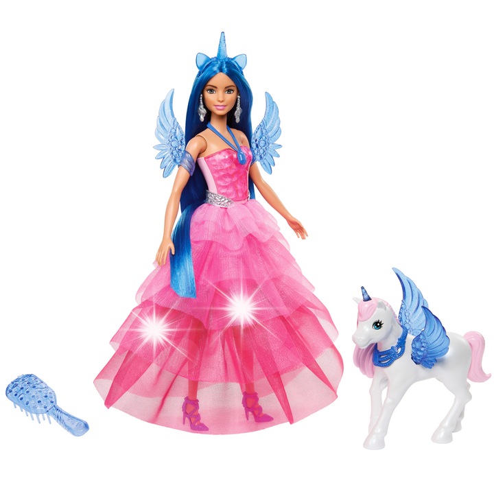 Papusa Barbie, set cu figurina unicorn zburator, rochie roz ombre, accesorii, 29xcm