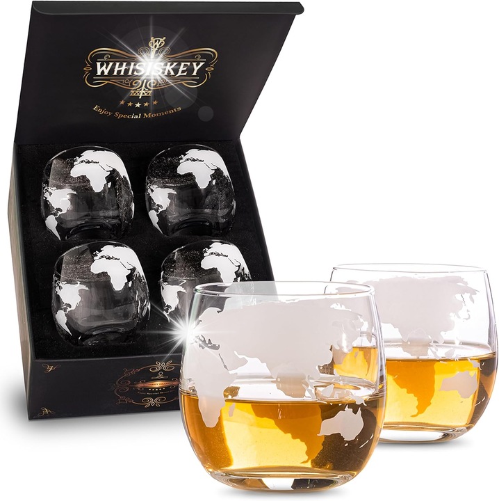 4 darabos whisky pohár szett, Whisiskey, tok, fekete, átlátszó, szürke