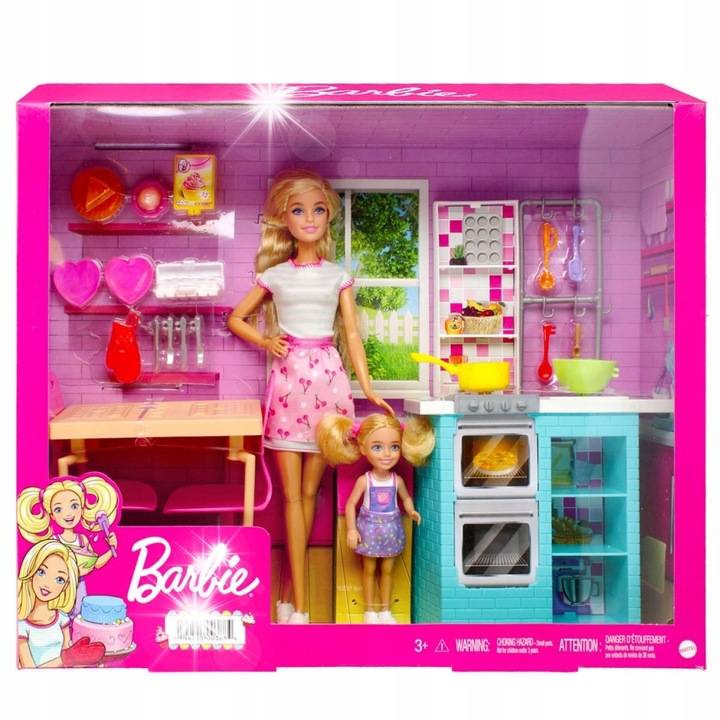Set de joaca Barbie, papusi Barbie si Chelsea, bucatarie cu accesorii, 15+ elemente, multicolor