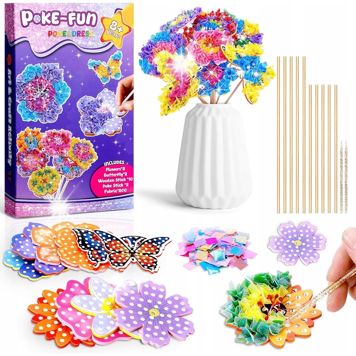 Kreatív virágkészítő készlet gyerekeknek, 800+ anyag, 8 habvirág, 2 pillangó, 2 pálcika, 4-10 év