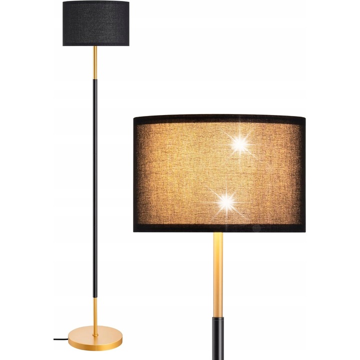Lampa stand LED, design elegant, negru si auriu, 160cm, cu abajur din in