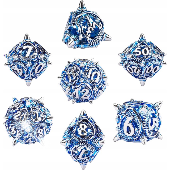 Set de 7 zaruri metalice pentru jocuri RPG, design dragon, cu cutie metalica