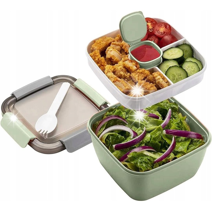 Cutie alimentara MUJUZE, 2 straturi, 1200 ml, 17x17x9,5 cm, cu lingura, rezistenta la microunde